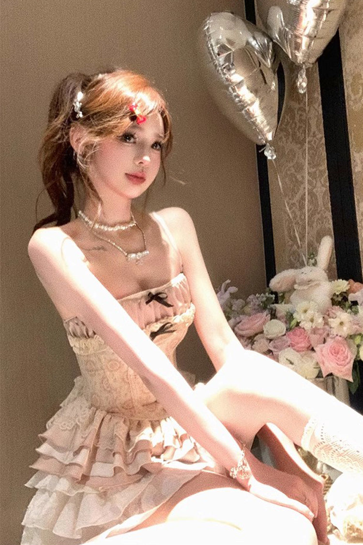 Apricot Multi-Layered Print Ruffle Embroidery Bowknot Sweet Vintage Lolita Skirt