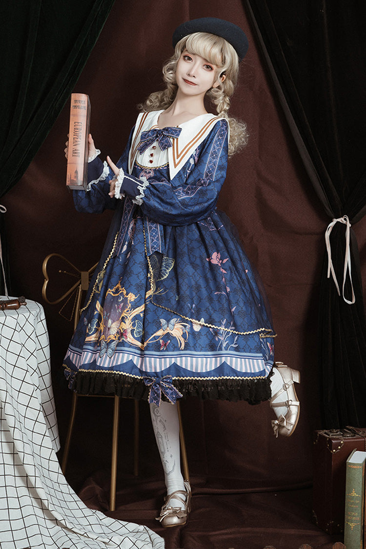 Blue Navy Collar Long Sleeves Butterfly Print Ruffle Bowknot Sweet Elegant Princess Lolita Dress