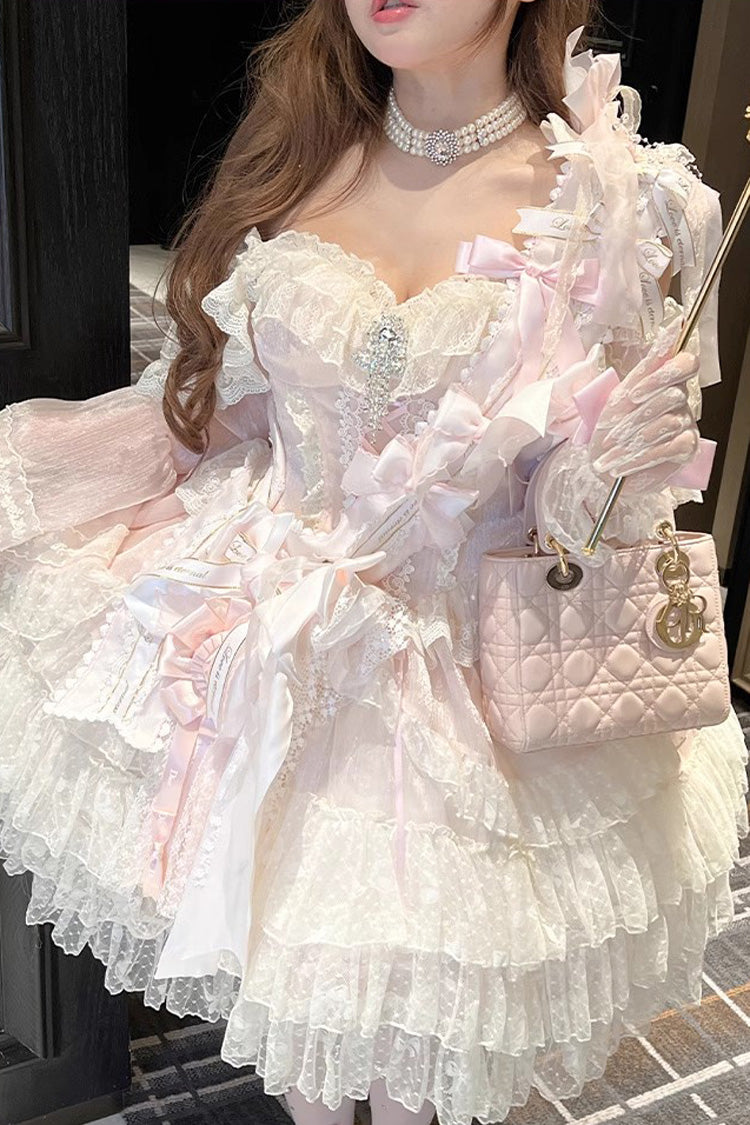 Princess Off Shoulder Multi-Layered Ruffle Bowknot Lace Sweet Elegant Lolita Strapless Dress