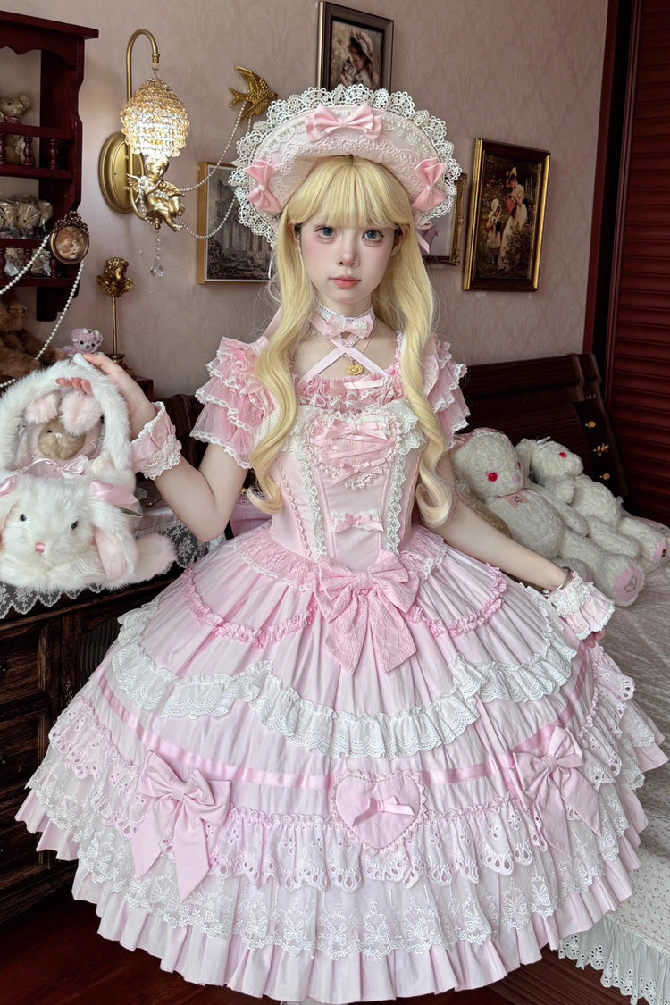 Robe Lolita Jsk élégante et douce en dentelle avec nœud papillon à volants à trois couches sans manches [Super Cute Belia] rose 