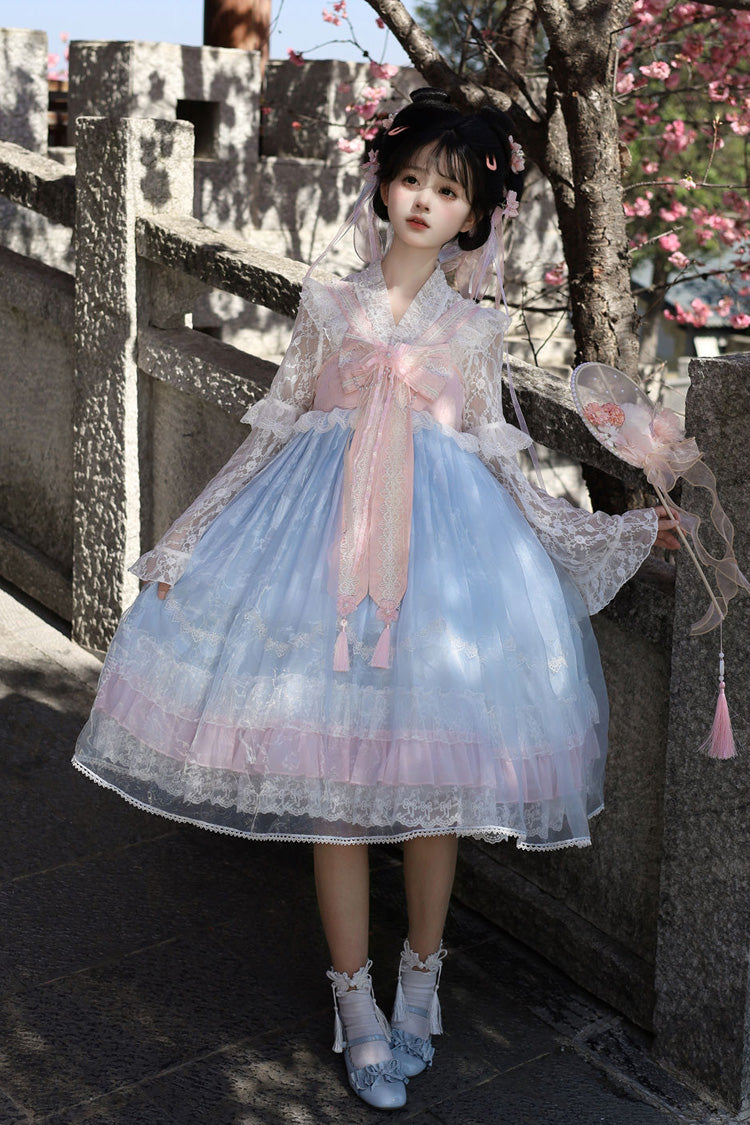 [Peach Blossoms in Spring Fields] Sleeveless Ruffle Bowknot Lace Sweet Chinese Style Lolita Jsk Dress 3 Colors