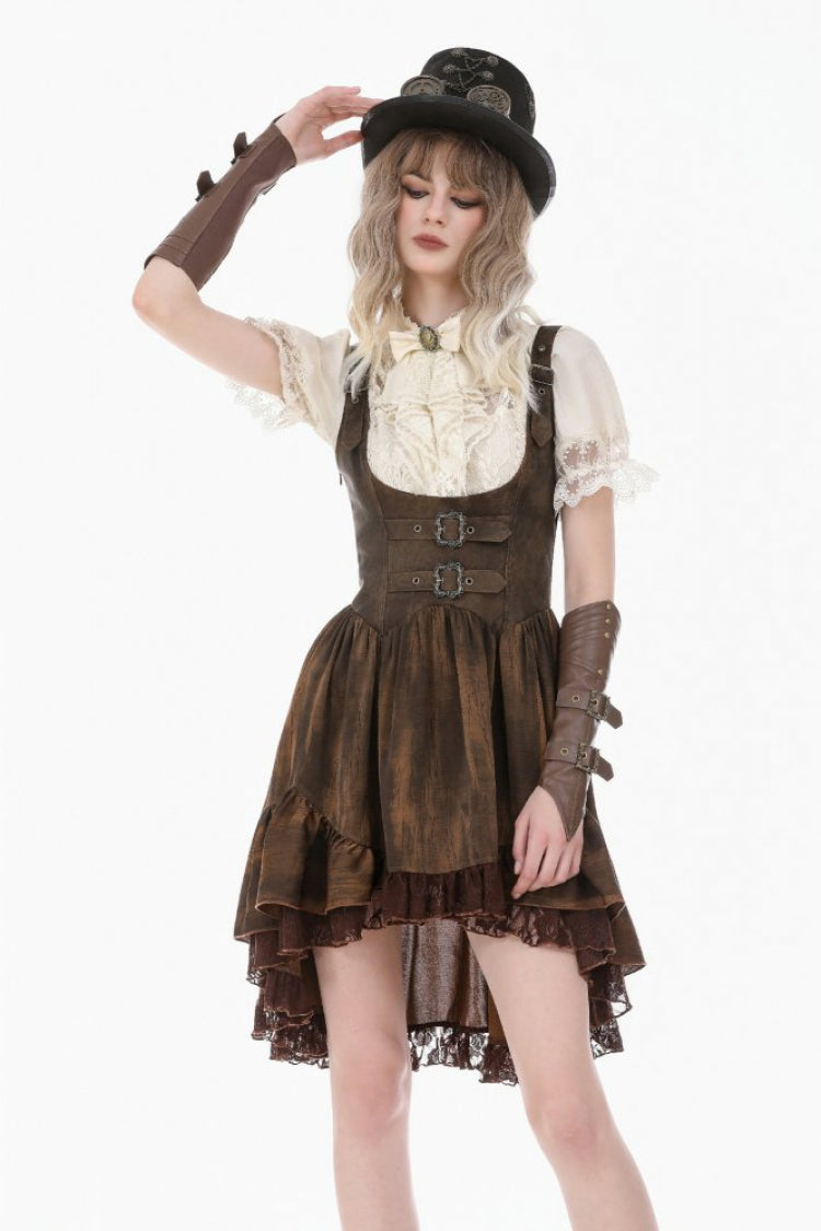 Beige Stand Collar Short Puff Sleeves Lace Sheer Lace-Up Women's Gothic Blouse with Detachable Bowknot
