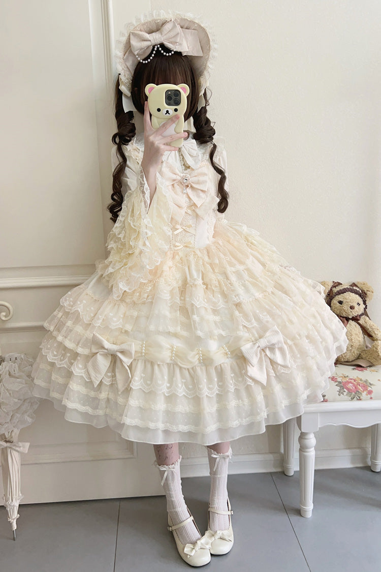 Beige [Dream Prologue] Doll Multi-Layered Bowknot Lace Sweet Princess Lolita Dress