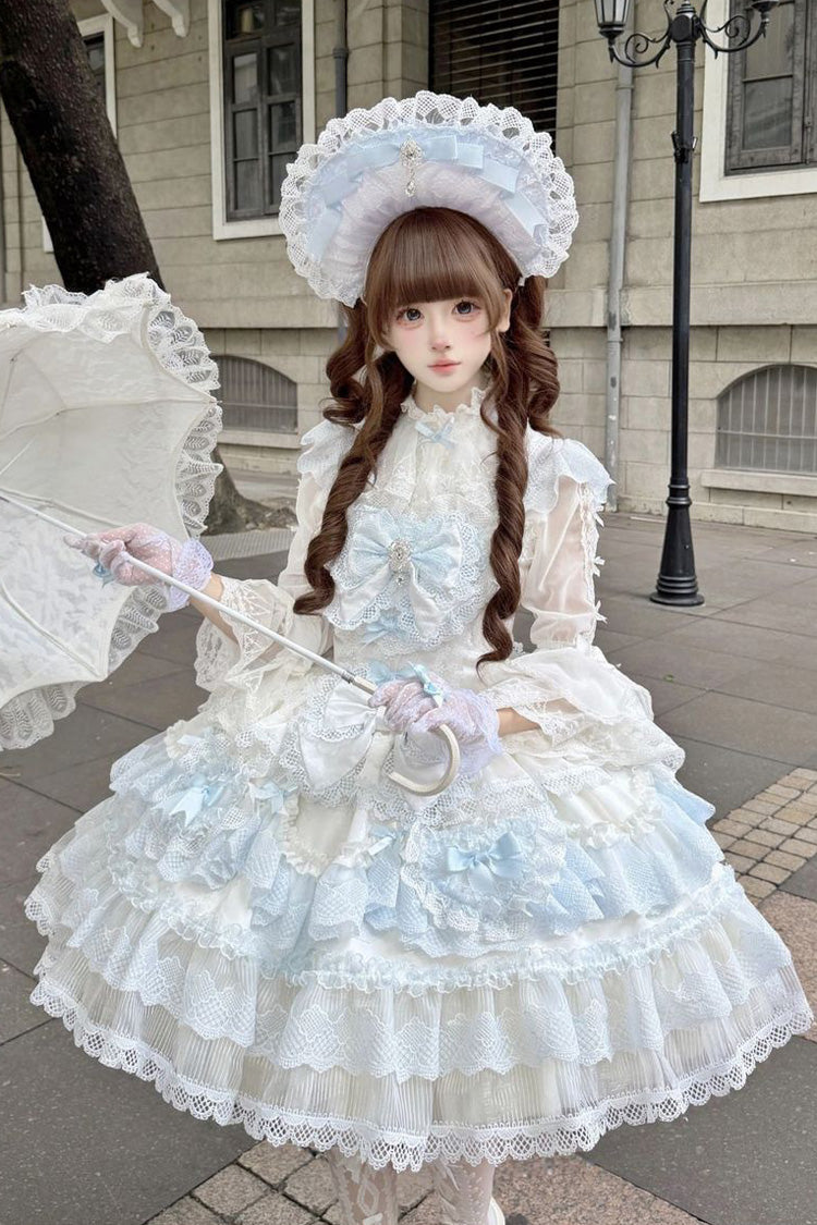 Blue [Cloud & Blossom Whispers] Square Collar Flutter Sleeves Ruffled Wedding Style Bow Lace Sweet Lolita Jsk Dress