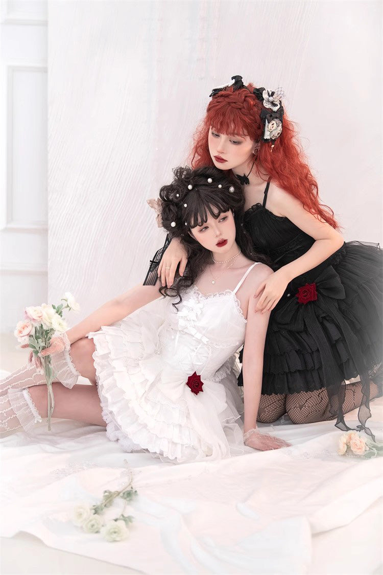White High Waisted Multi-layer Rose Bowknot Lace-Up Gothic Lolita Jsk Dress
