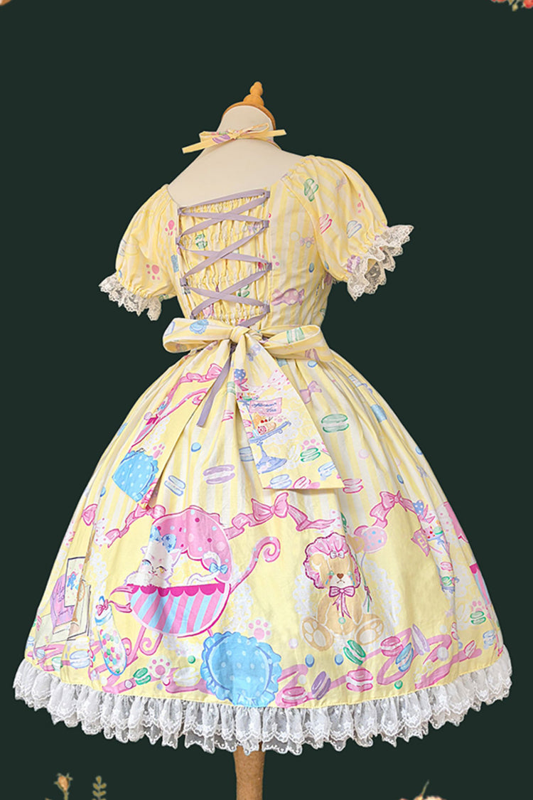 [Macaron Dolly House] Robe Lolita douce à col Claudine, manches courtes, imprimé nœud papillon, 3 couleurs 