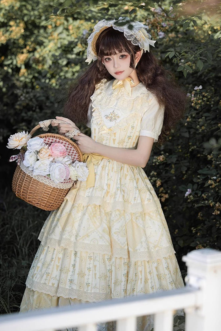 Yellow Multi-layer Sunflower Print Ruffle Embroidery Sweet Chinese Style Lolita Jsk Dress