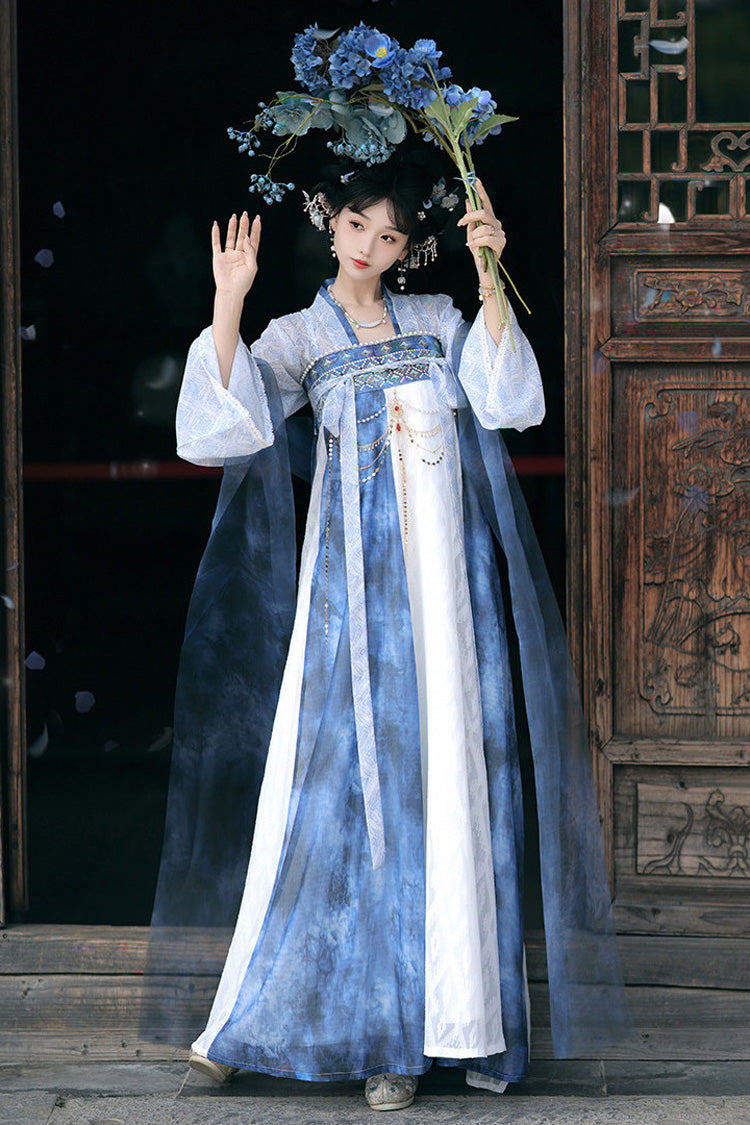 Blau [Sky Cloud] Lange Ärmel, hohe Taille, Ombre-bedrucktes, besticktes Perlendetail, lässiges, chinesisch inspiriertes Hanfu-Set für Damen