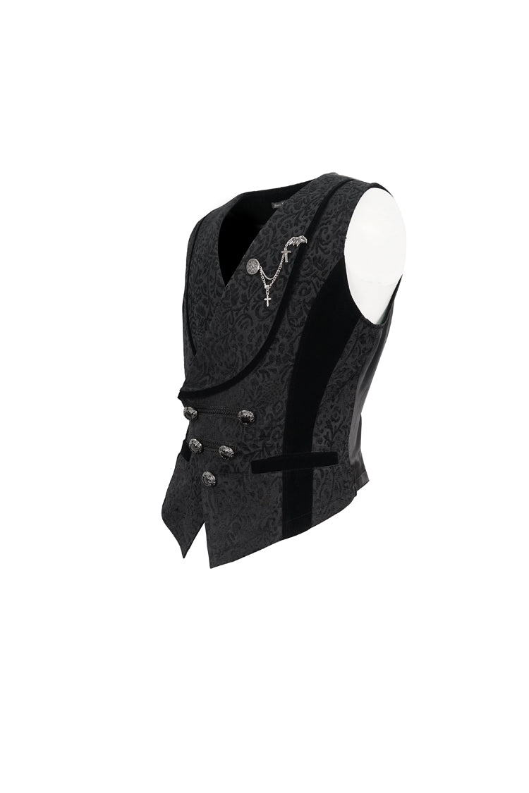 Black Slim Fit Retro Jacquard Chest Metal Chain Cross Men's Gothic Vest