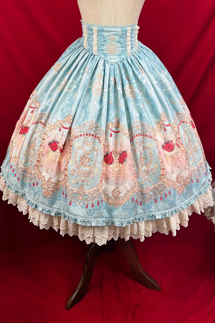 Blue [Moonlit Garden Secret] Print Ruffle Embroidery Lace Sweet Elegant Palace Lolita Skirt