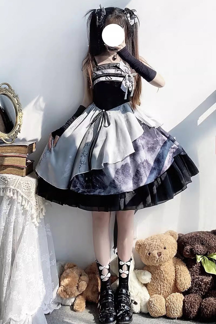 Multi-Color Multi-layer Chinese Ink Style Print Ruffle Sweet Lolita Jsk Dress Set