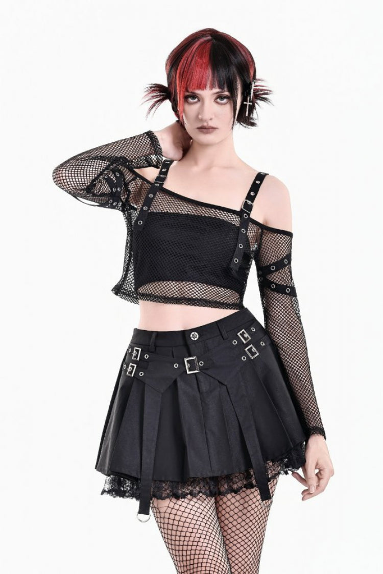 Black Women's Punk Lace Patchwork Buckled Pleated Mini Skirt