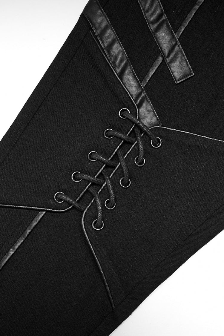 Black Faux Leather Stitching Lace-Up Slim Skinny Women's Punk Jeans Pants