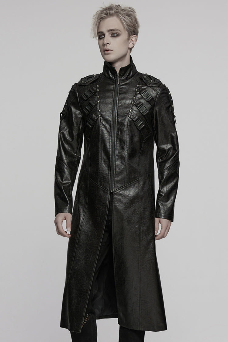 Manteau Punk pour Homme en Cuir Synthétique Noir à Col Montant et Manches Longues avec Boucle 