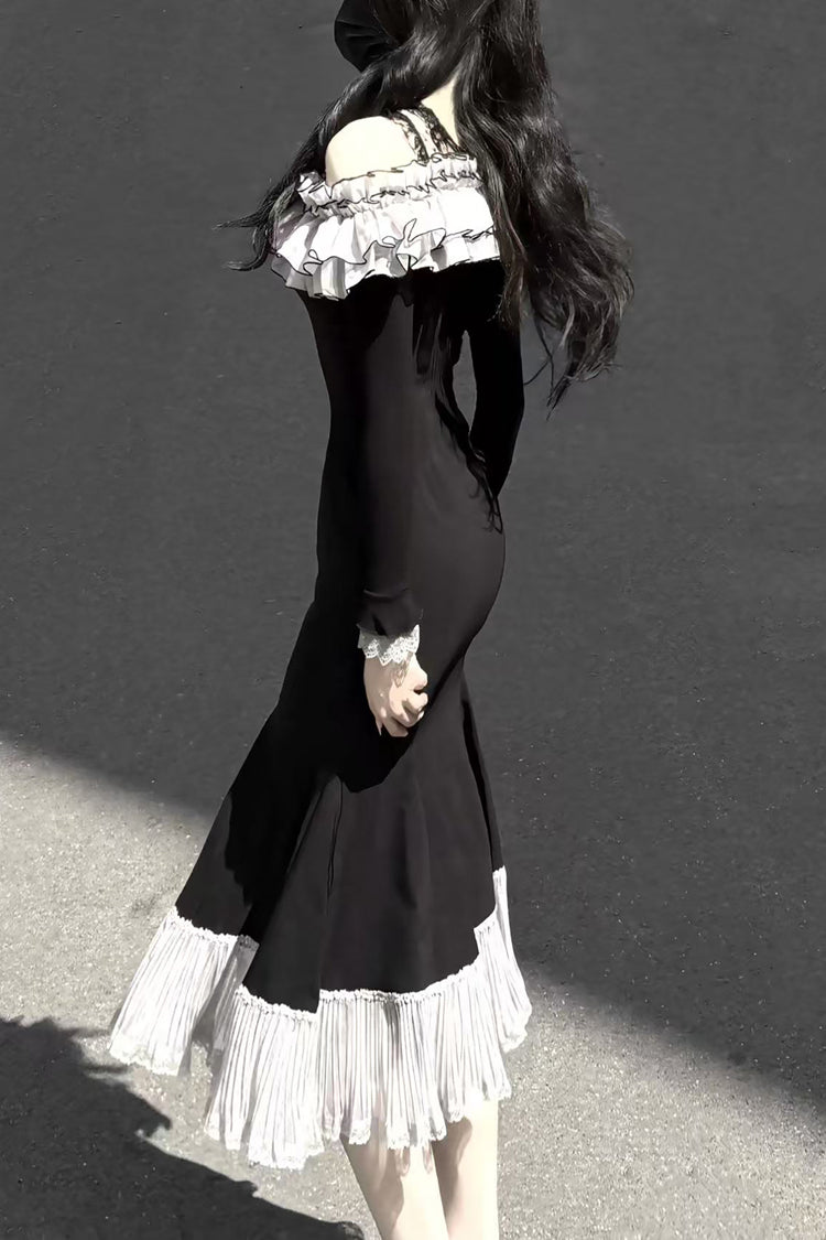 Black [Night Cherry Blossoms] Long Sleeves Ruffle Bowknot Daily Sweet Elegant Lolita Fishtail Dress