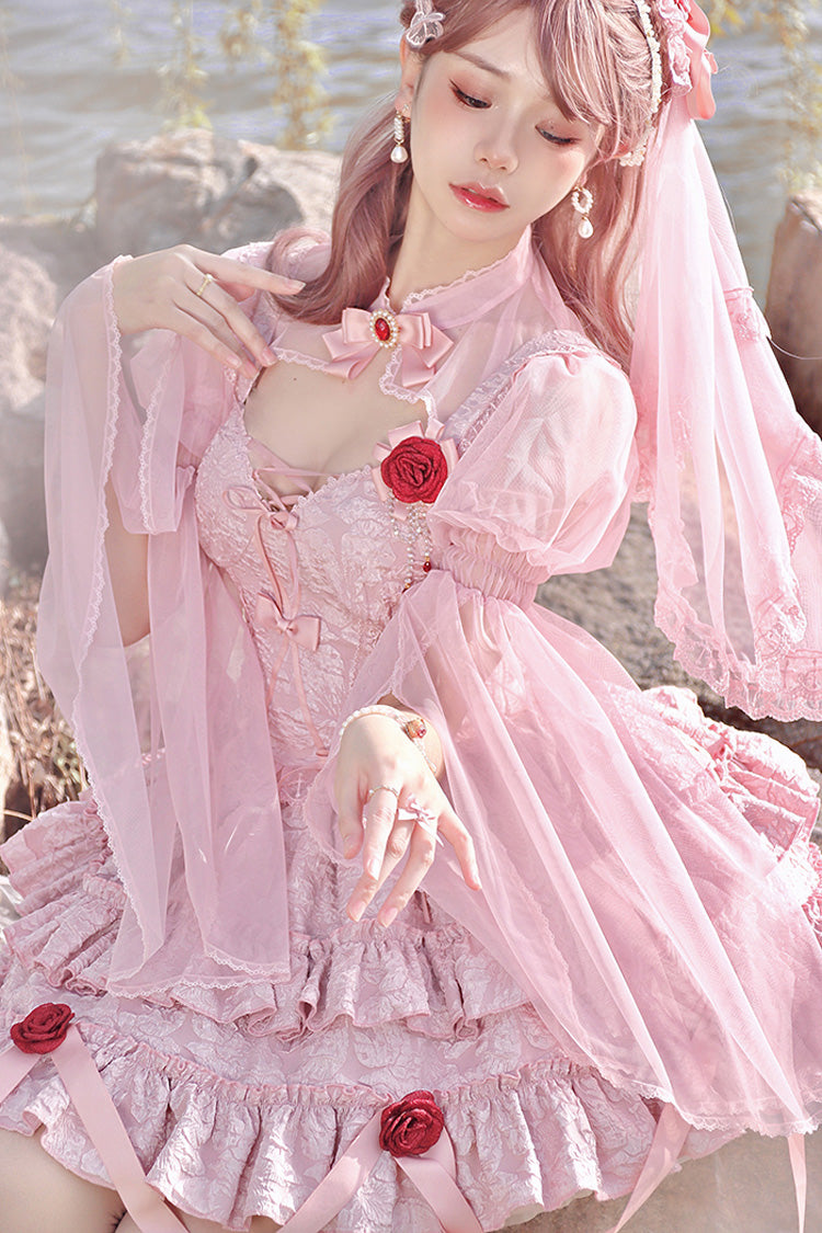 Rosa Weinende Rose Doppellagiges Rüschenstickerei Bowknot Spitze Süßes Ballett Lolita Rock Set
