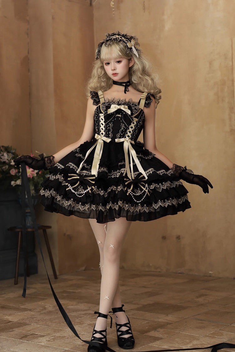 Black [Gilded Memories] Sleeveless Double-Layered Ruffle Hot Stamping Bowknot Lace Sweet Lolita Jsk Dress