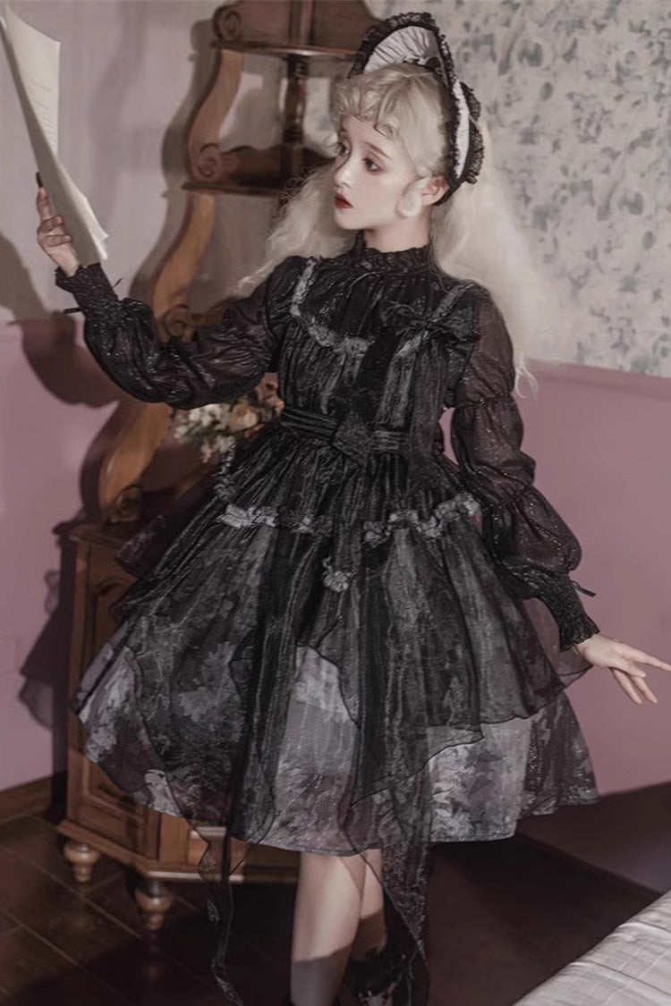 Black Stand Collar High Waisted Dead Leaves Print Tulle Gothic Princess Lolita Jsk Dress