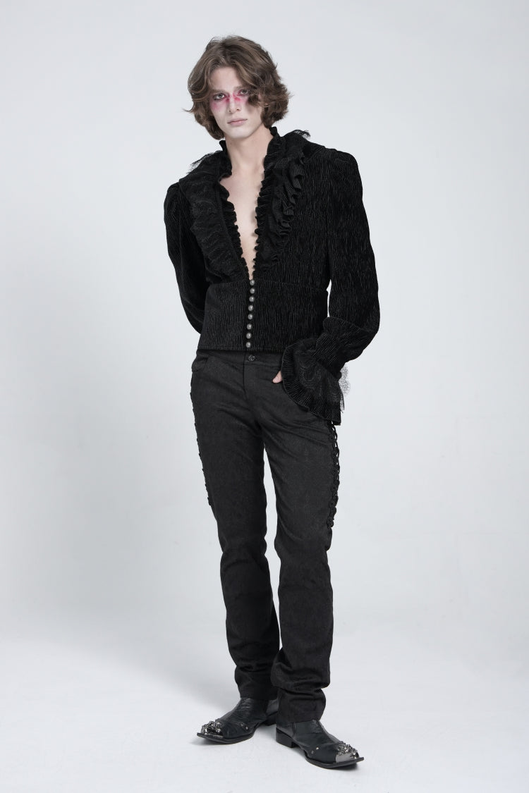 Black V Collar Long Sleeves Ruffle Stitching Lace Men's Gothic Blouse