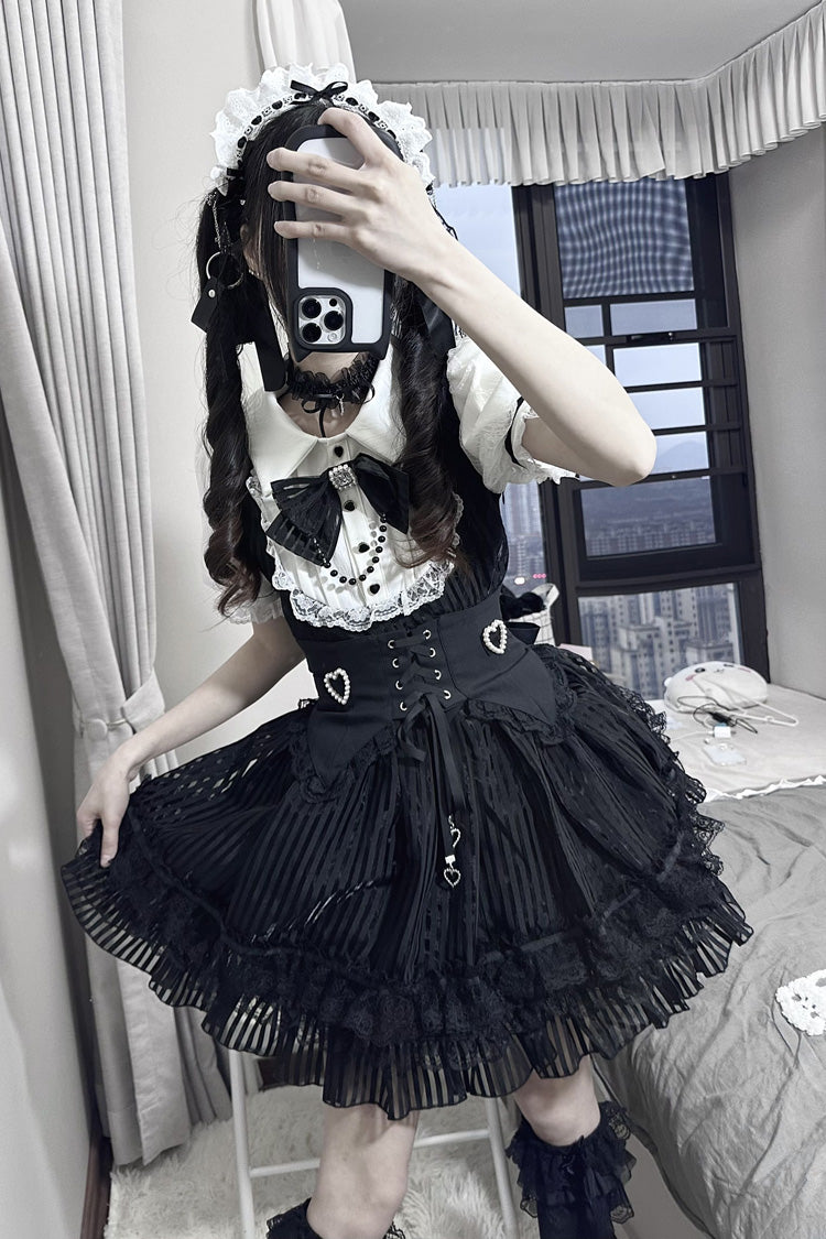 Black/White [Dream Night Song] Short Sleeves Stripe Print Bowknot Lace Gothic Jirai Kei Dress