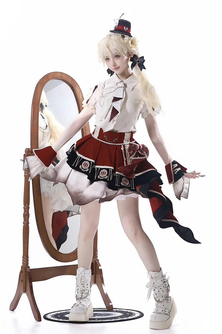 Rouge/blanc [Burning Finale] col à revers manches courtes ombré brodé irrégulier classique Style universitaire ensemble jupe Lolita