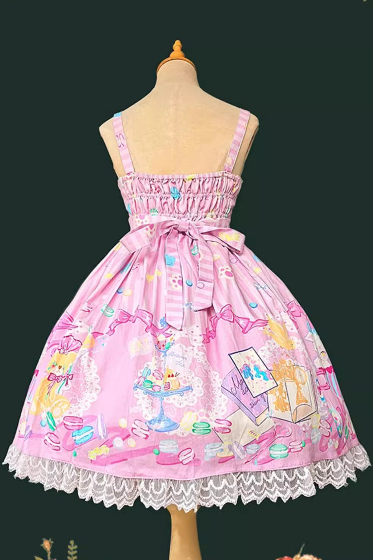 [Macaron Dolly House] Robe Jsk Lolita douce sans manches avec imprimé, nœud et lacets 3 couleurs 