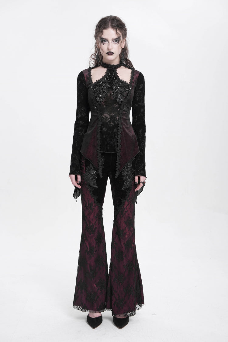 Red Long Trumpet Sleeves Jacquard Cutout Women's Gothic Blouse