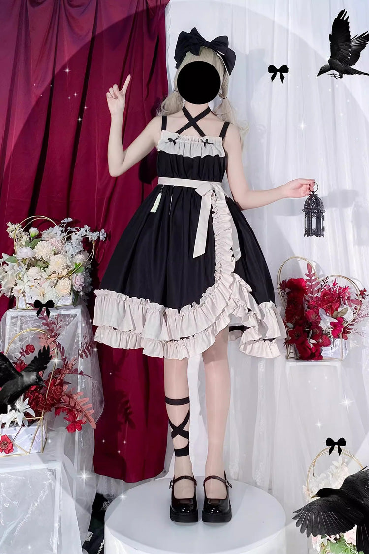 Black [Monet Estate] Sleeveless High Waisted Ruffle Bowknot Asymmetric Gothic Lolita Jsk Dress