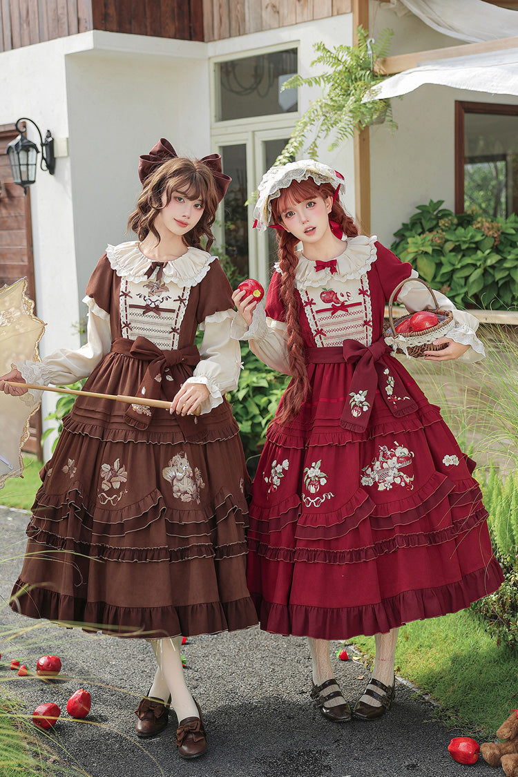 [Whispers] Peter-Pan-Kragen, lange Ärmel, mehrlagig, bedruckt, gerüscht, bestickt, Schleife, süßes Lolita-Kleid, 2 Farben (Rot, Braun)