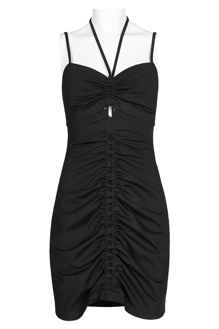 Black Knitted Stretch Hollow-Carved Design Drawstring Bodycon Shoulder Strap Halter Neck Women's Punk Dress