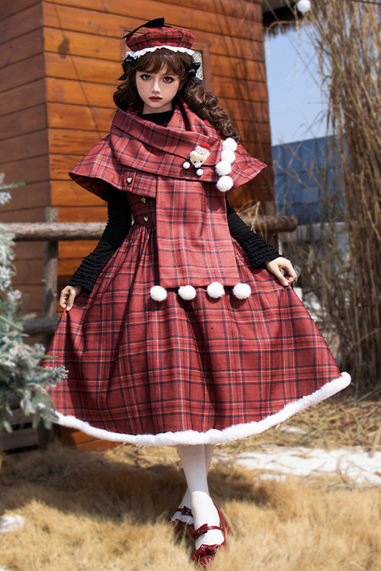 Red Striped Plaid Print Fall Winter Fishbone Sweet Corset Lolita Dress 2 Versions