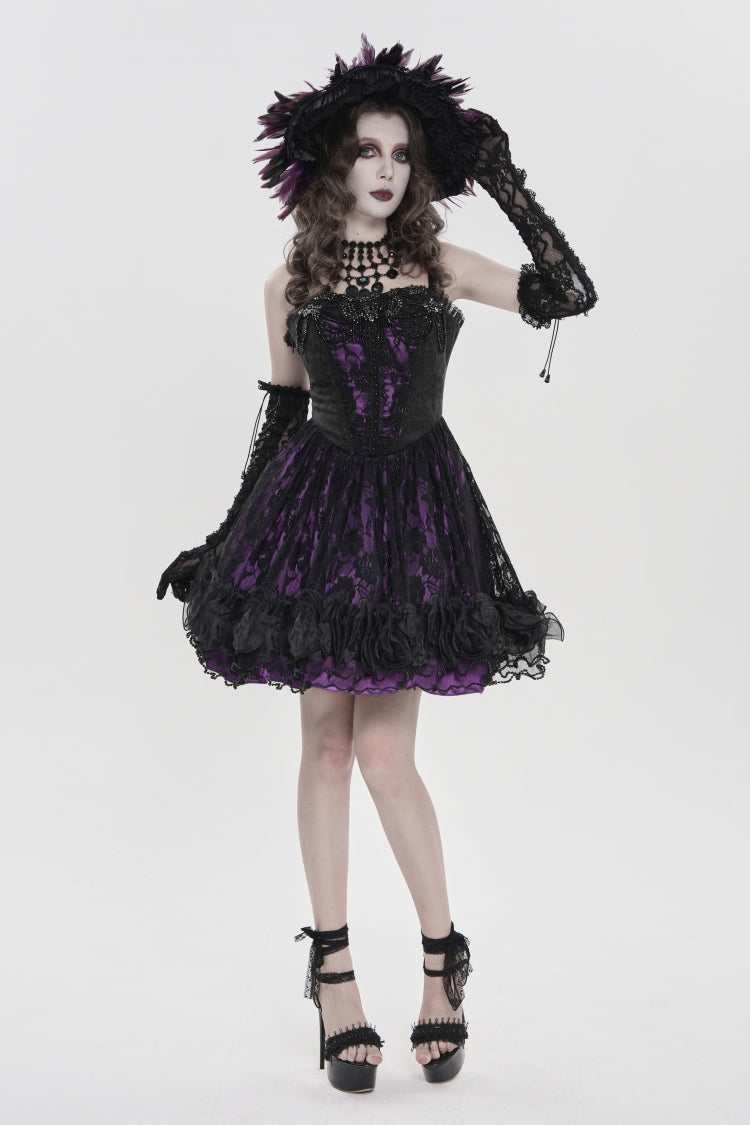 Schwarz/lila schulterfreies, doppellagiges, bedrucktes, ausgeschnittenes, schnürbares Damen-Gothic-JSK-Kleid mit Spitze