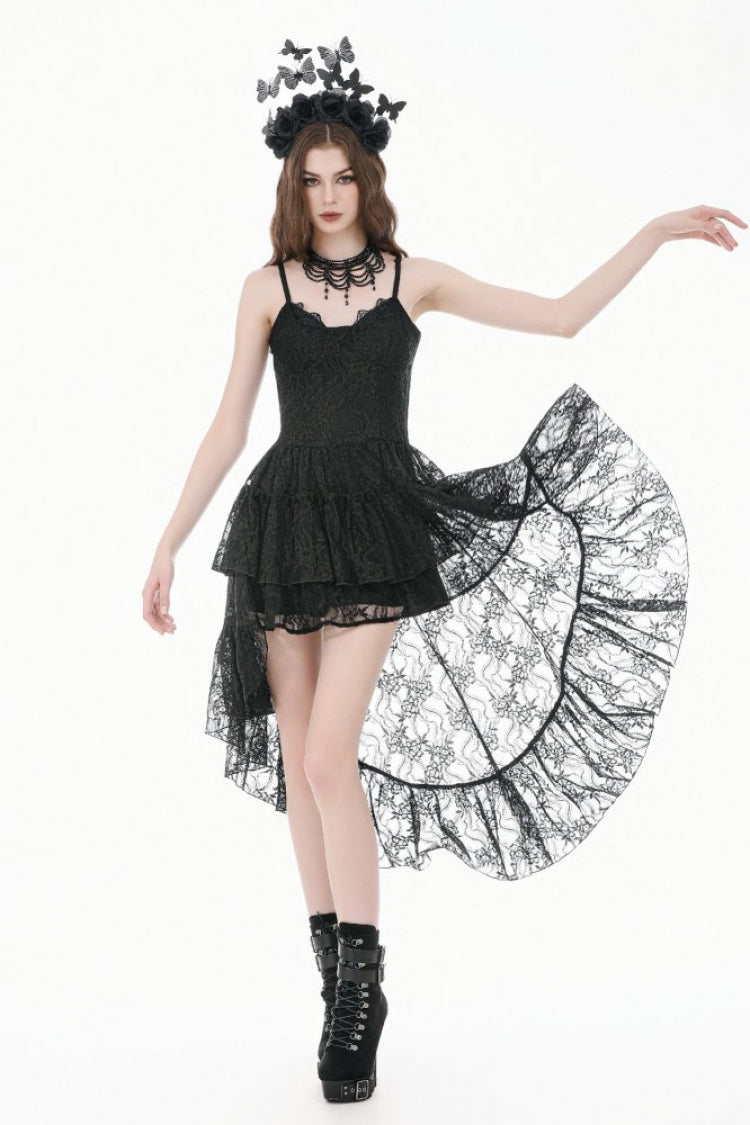 Black Women's Gothic Vintage Lace Multi-Layered Ruffled High-Low Slip Dress