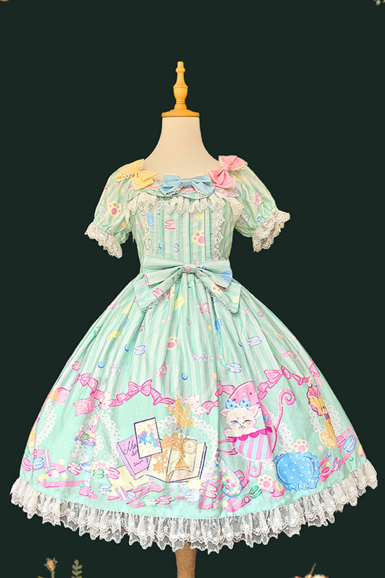 [Macaron Dolly House] Robe Lolita douce à col Claudine, manches courtes, imprimé nœud papillon, 3 couleurs 