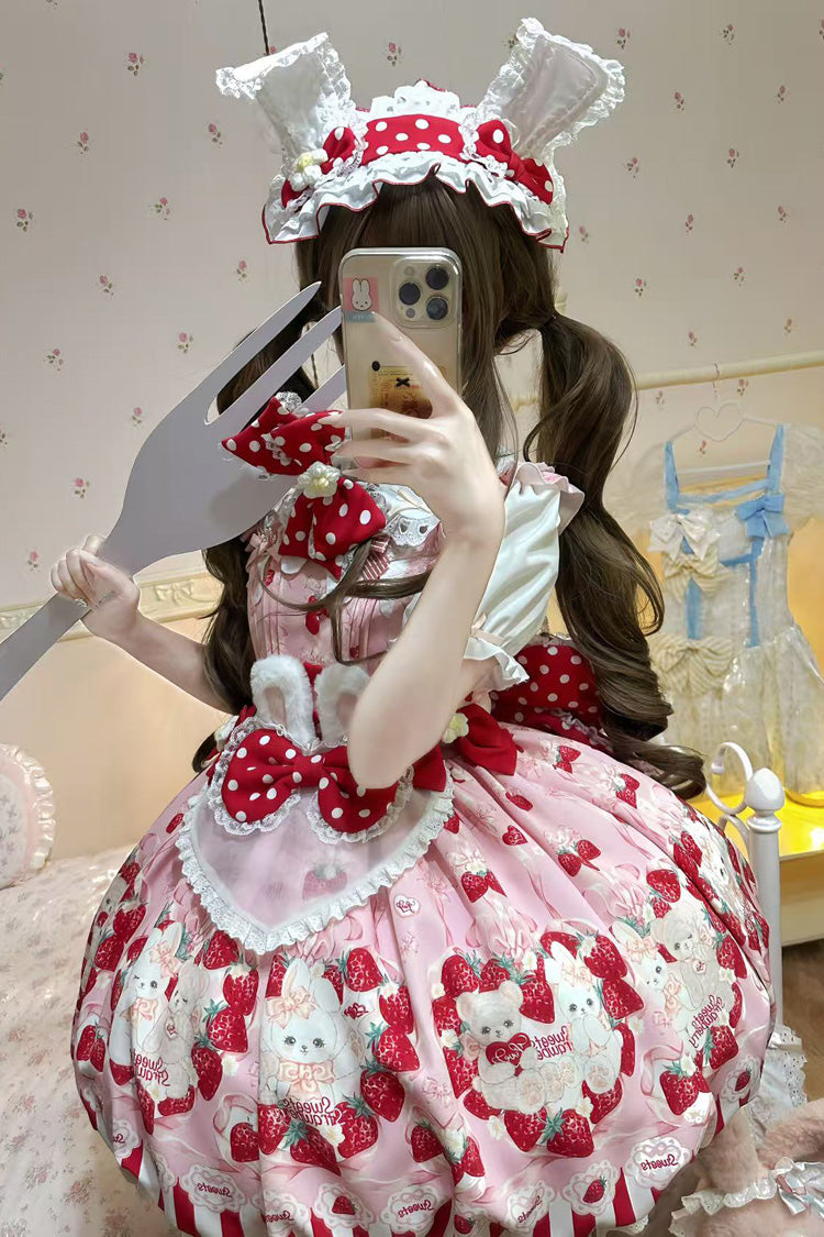 [Cream Rabbit Strawberry] Print Sleeveless Bowknot Sweet Lolita Jsk Dress 2 Colors