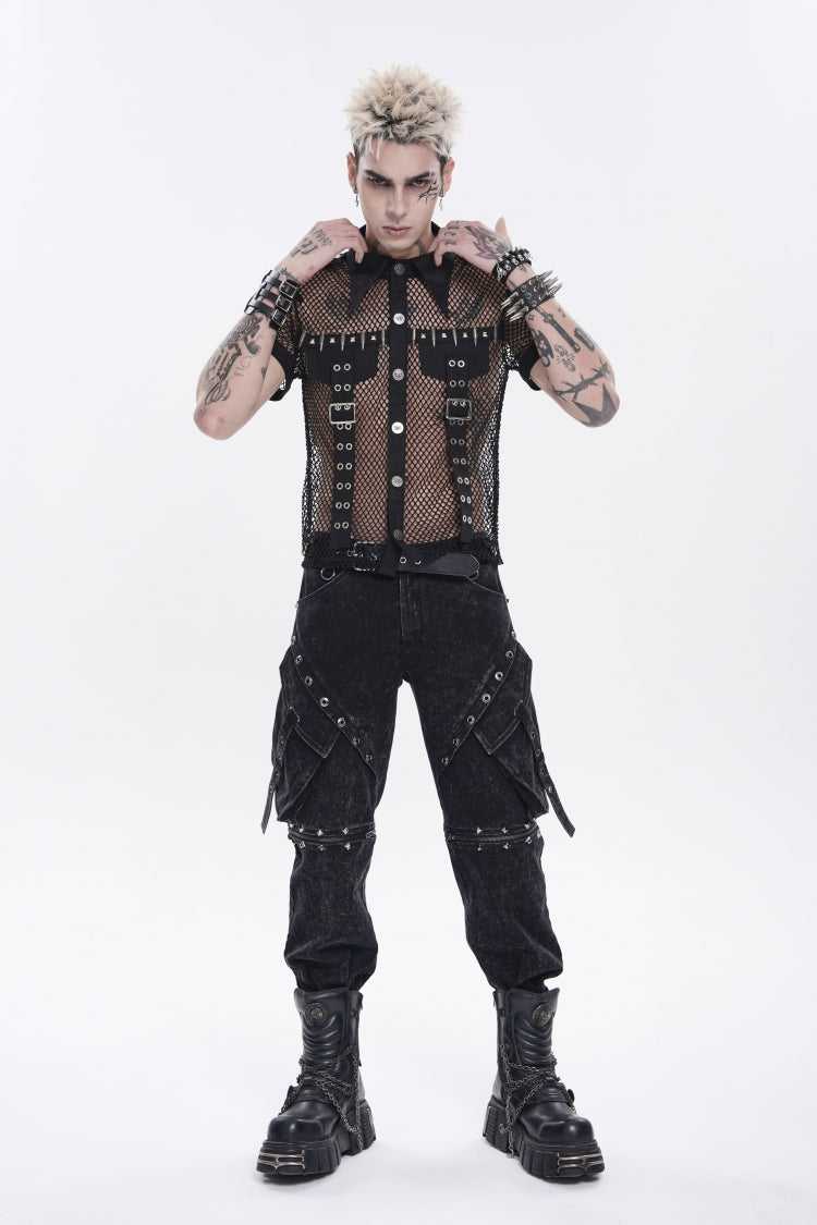 Schwarzer Reverskragen, kurze Ärmel, Ausschnitt, gespleißtes, durchsichtiges Netz, besetzte Öse, cooles Punk-Hemd mit kleinen Taschen für Herren