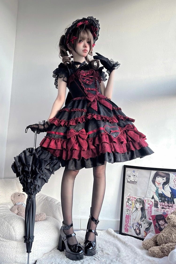 Noir/Rouge [Super Cute Belia] Robe Lolita Jsk Élégante Gothique en Dentelle avec Nœud à Volants à Trois Couches sans Manches 