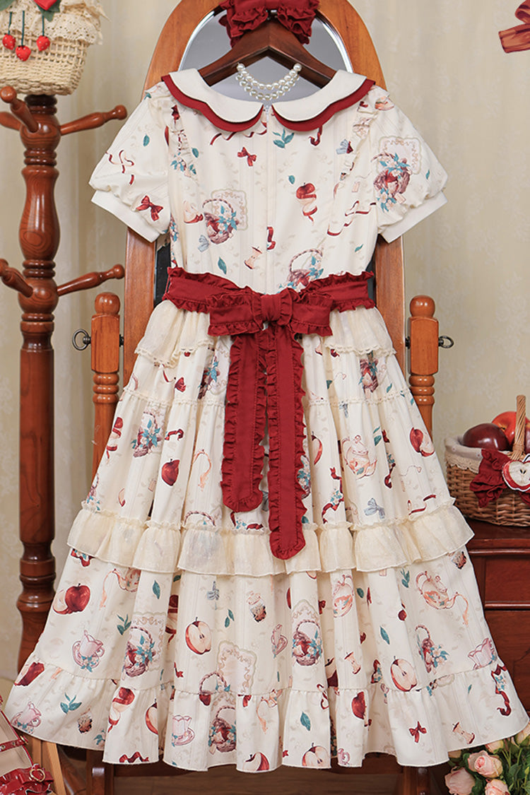 White Apple Tea Print Short Sleeves Country Style Ruffle Bowknot Sweet Lolita Dress