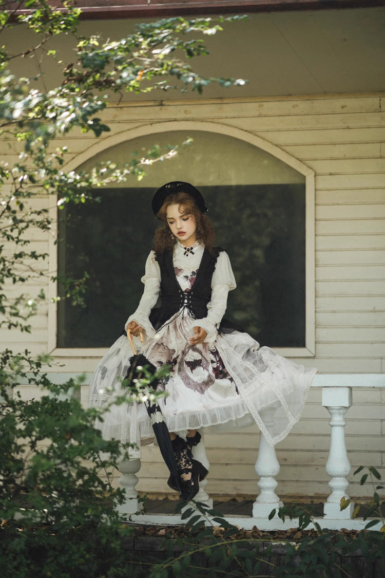 Multi-Color Long Sleeves Print Ruffle French Princess Classic Gothic Lolita Dress Set