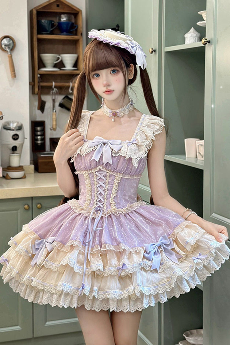 パープル [Flory Butterfly] ダブルレイヤード ラッフル ボウノット レース レースアップ スイート バレエ ロリータ Jsk ドレス 