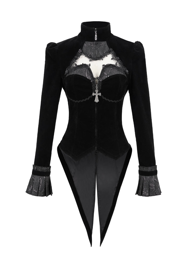 Black Vintage Shiny Jacquard Bat Cutout Applique Women's Gothic Jacket