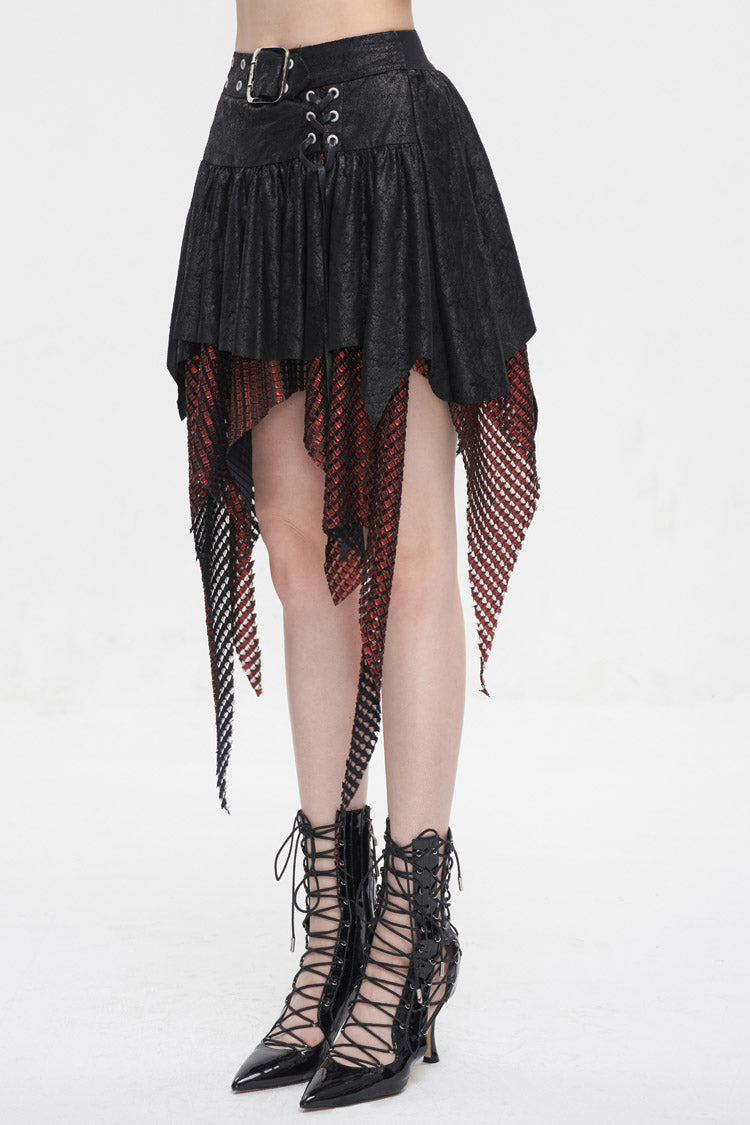 Red/Black Lrregular Mesh Splice Buckle Women's Gothic Skirt