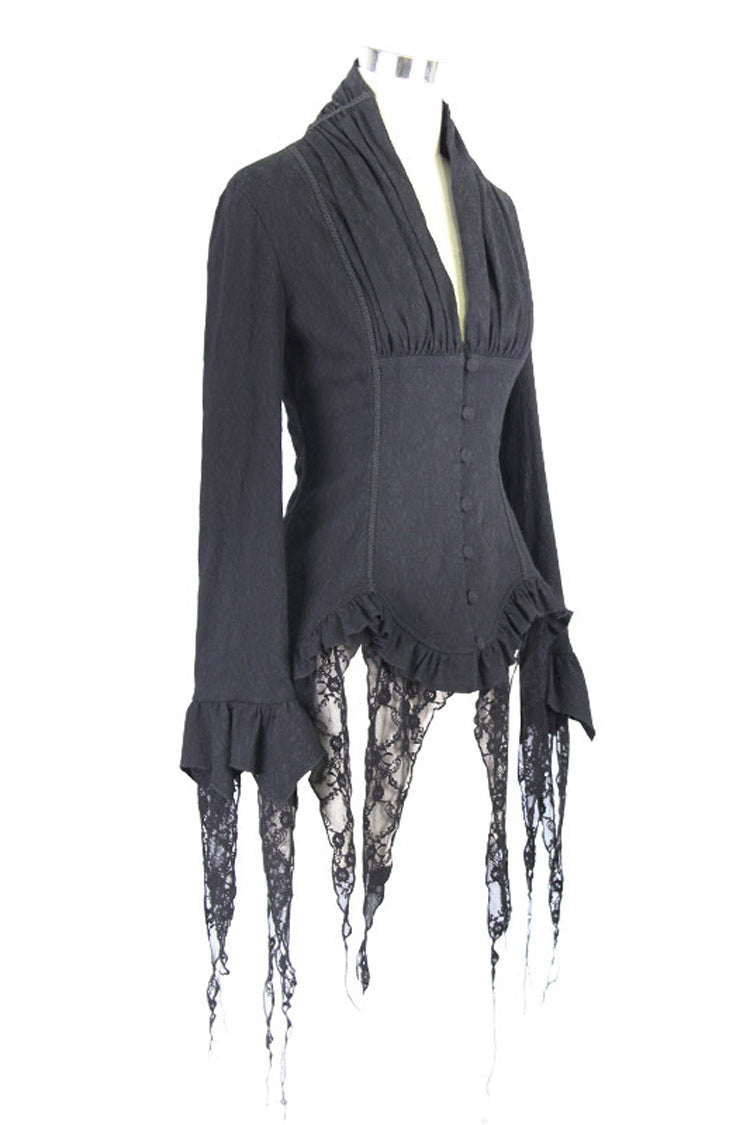 Schwarze Retro-Punk-Bluse mit tiefem V-Ausschnitt und Quasten und langen Ärmeln