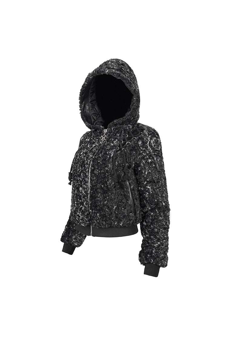 Black/White Two Tone Woolen Grain Fleece Metal Five Pointed Star Zipper Women's Punk Coat