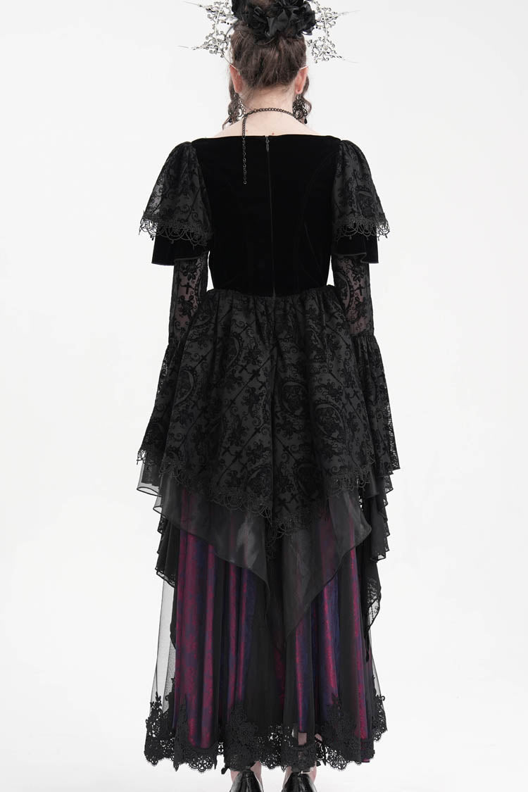 Schwarz/lila gehäkeltes langärmliges Hanayome-Spitzen-Gothic-Kleid für Damen
