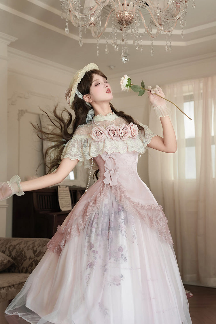 Ensemble de robe Lolita élégante et douce asymétrique en dentelle avec nœud de broderie à volants rose [Poèmes de Rose] 