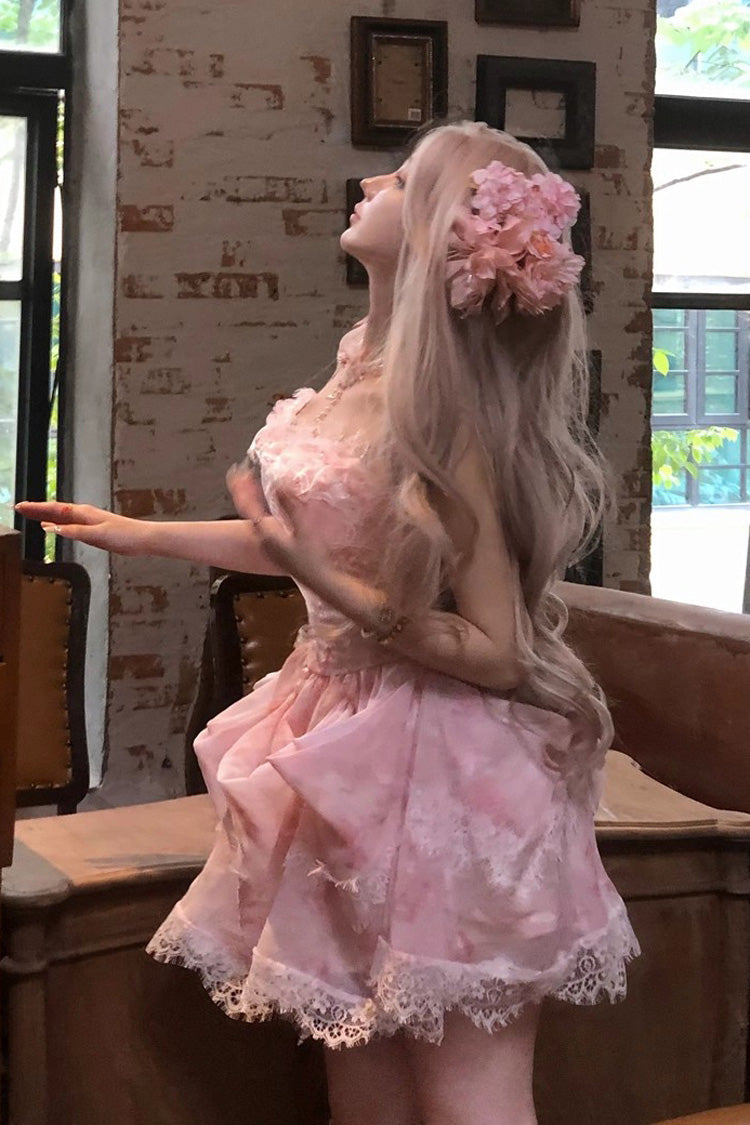 Pink [Sakura Trio] Sleeveless Double-Layered Ruffle Bowknot Lace Sweet Princess Lolita Jsk Dress