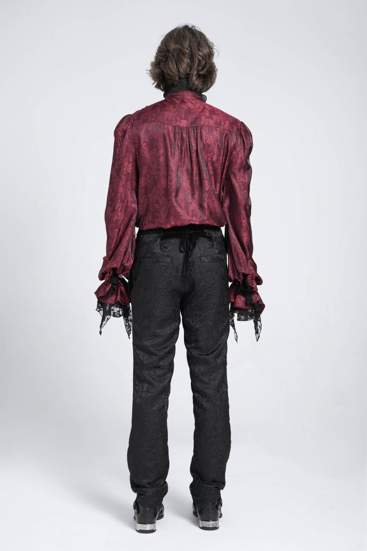 Chemisier gothique rouge à manches longues bouffantes pour homme avec cravate en dentelle 