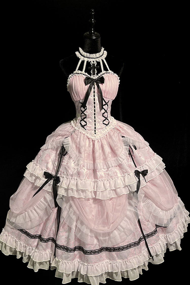 Pink Cross Halterneck Ruffle Bowknot Lace Lace-Up Princess Sweet Lolita Dress