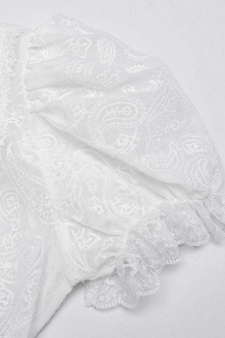 White Stand Collar Long Puff Sleeves Jacquard Lace Women's Gothic Blouse